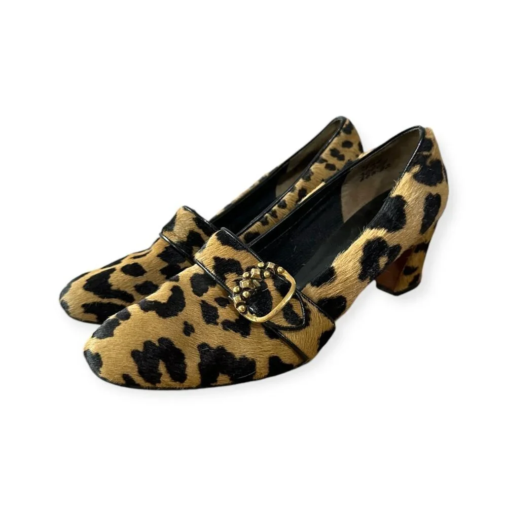 Vintage 1969 Herbert Levine Leopard Hair Calf Mod Pumps Gold Buckle, 7.5 AA